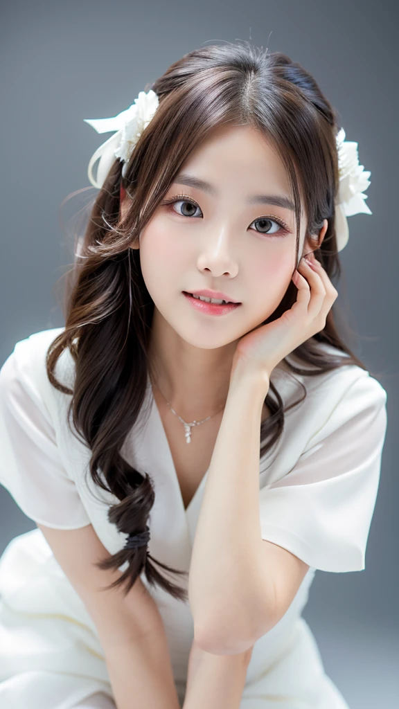 (Detailed face),((between legs)),chest,cute,(chestが隠れている)white((formal))Clothes,4K,Ultra-high resolution,（Photorealistic：1.7）,Gray background,Long Hair,