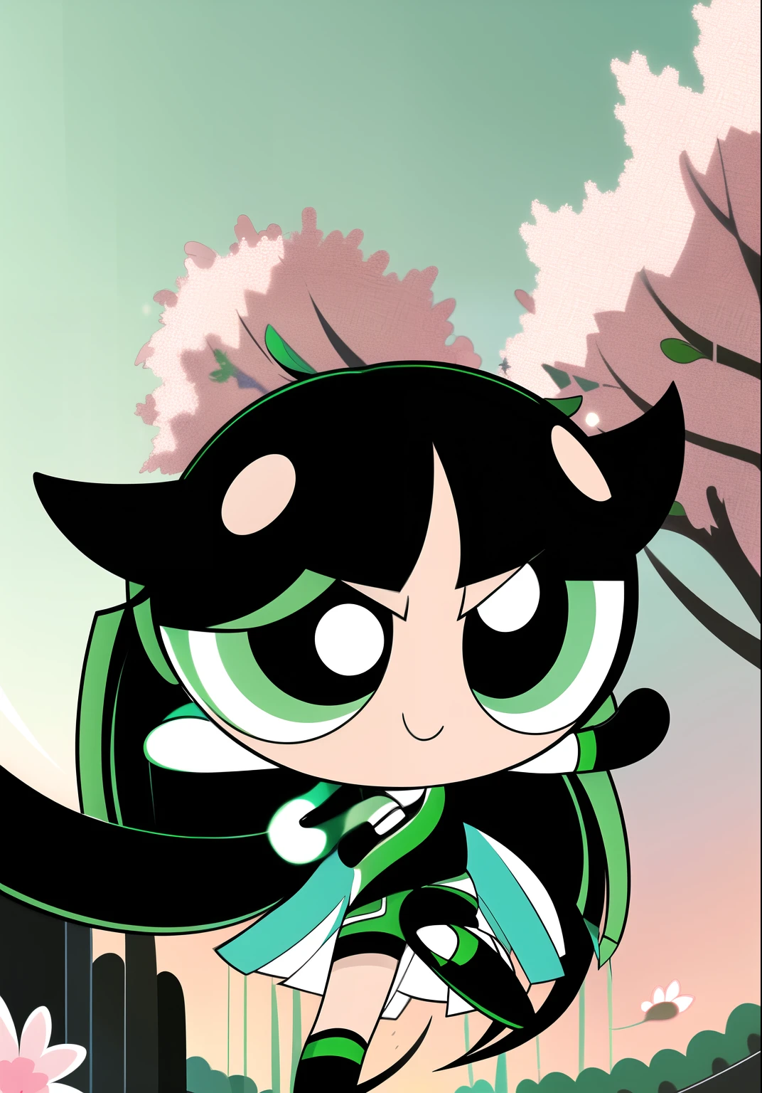 jianxindef, (long hair, gradient hair, black hair:1.3), smile, chibi, 1girl, green eyes, gloves, jewelry, shorts, black shorts, asymmetrical gloves, big blossom tree background,