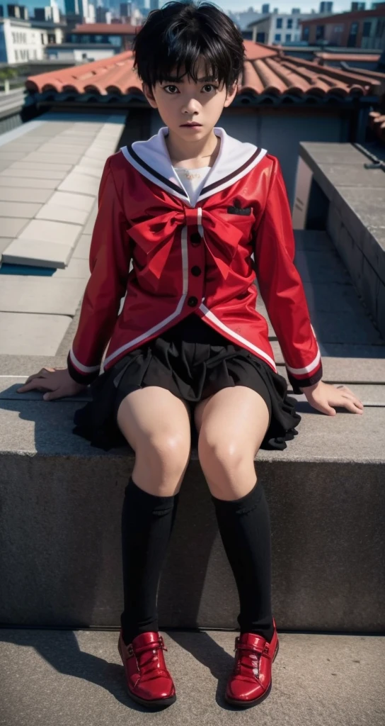 1 little boy，Shota，No makeup，short hair，Cover your skirt with your hands，Male characteristics，Unique的，face to face audience，full-body shot，Red JK，miniskirt，Black pantyhose，Sailor Suit，Sitting，Unique ，roof，City background，Rooftop，Keep your legs together，8K，Princess shoes