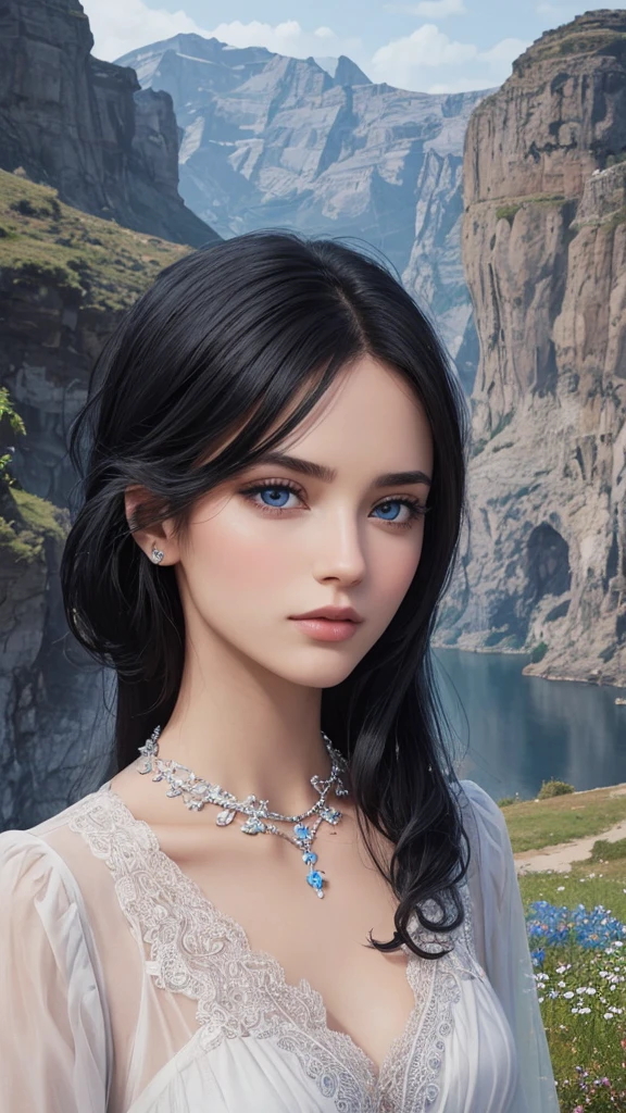 spellbinding viewing , beautiful black hair, blue eyes , beautiful face,  sweet lips, a romantic landscape in the background ,8kfelbonras , excellent quality