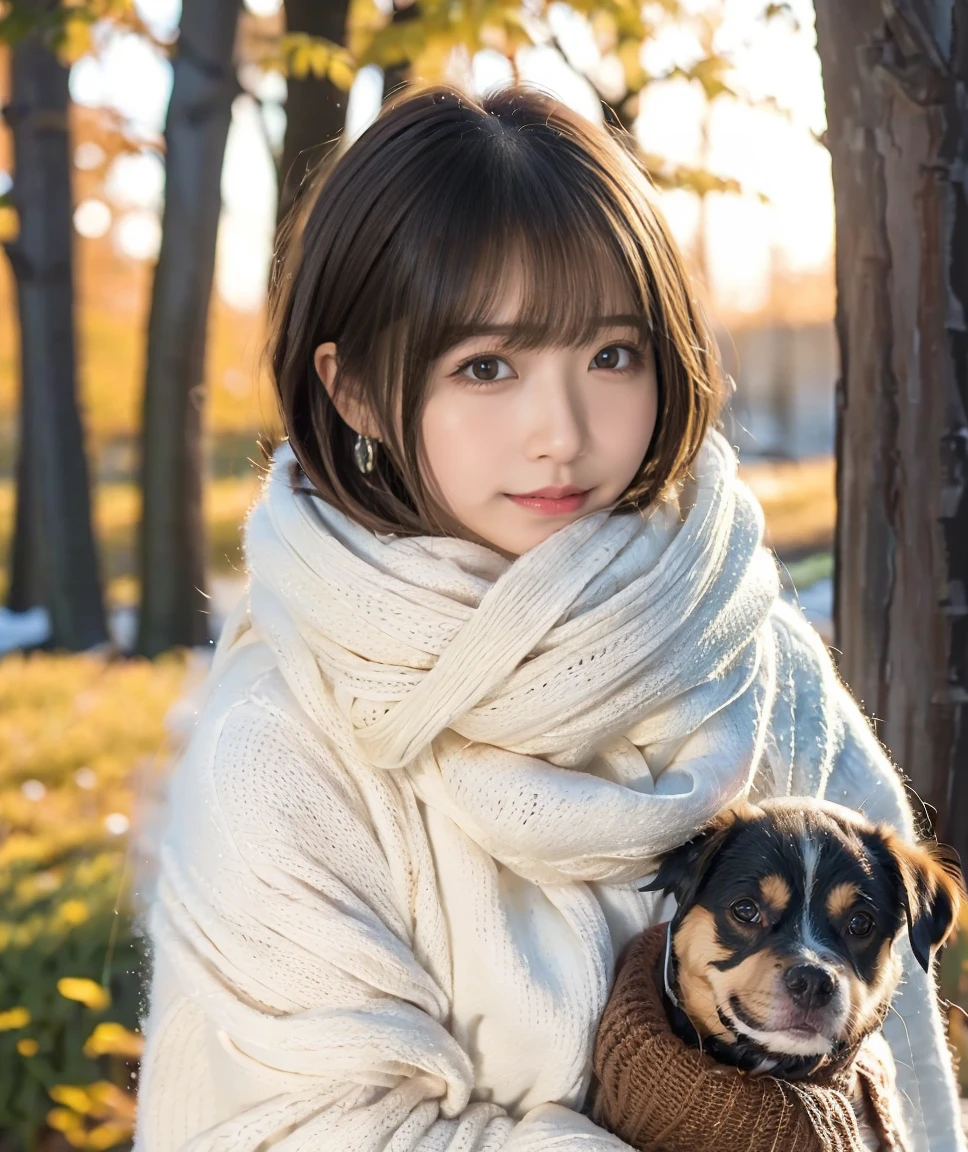 Being with a dog、A girl and a dog warming themselves by a bonfire、Lens flare、Hair blowing in the wind、Medium Short Hair、Fluffy scarf in warm colors、Expressing the whiteness of one&#39;s breath、Photo from the waist up、Night city illumination shot、Cowgirl Shot、Fur coat、豪華なグレーのミンクのFur coat、Wear fine leather boots、Luxury Bags、Inner turtleneck、Silver necklace and small silver earrings Millionaire style:1.4））、Full body photo、smile、 Caustics、Highly detailed photos、Very beautiful woman 、Ample breasts、No makeup、(8K、RAW Photos、Highest quality、masterpiece:1.2)、(Realistic、Realistic)、1 Girl、((Medium Short Hair、Midwinter、Cold region Snow falling、The wind is blowing、Fluttering Hair、Blur the background、Colorful illuminations、Looking into the camera:1.4))、
