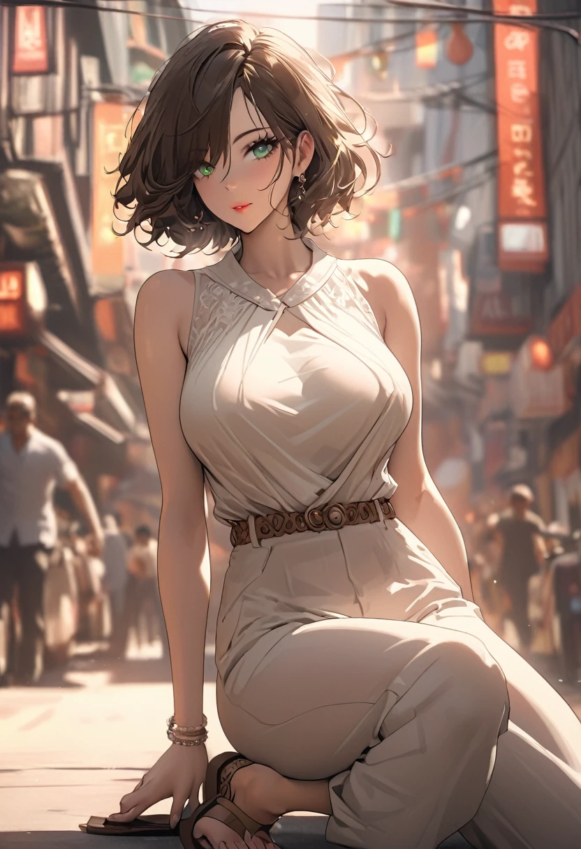 Please follow the all prompts below exactly and faithfully, This is a breathtaking masterpiece of digital illustration, with maximum resolution, UHD, 512K, 2160p, 10 million ppi, 300 million dpi, natural color tones, ultra sharp details, perfect outlines with contrast, ((smooth, soft and clearly and most realistic skin and hair texture)), most beautiful detailed eye features, perfect anatomically correct human body, beautiful background with depth, rule of thirds, depth of field, Maximize all element is used to its full potential to create the best digital illustrations, 1woman, sexy, 25years old, beautiful face sharp, elegant woman, Ultimate perfect body style, beautiful beautiful big breasts, Maximize upturned breasts, green eyes, shiny blonde hair, short hair, bob cut, (eyes visible through hair:1.3), glossy very thick lips, pink lipstick, smile:1.5, A summer outfit for an adult woman consisting of a sleeveless linen jumpsuit, a woven belt, and flat sandals.

