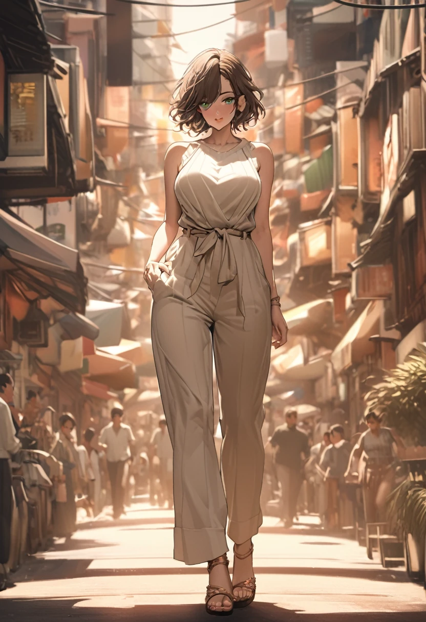 Please follow the all prompts below exactly and faithfully, This is a breathtaking masterpiece of digital illustration, with maximum resolution, UHD, 512K, 2160p, 10 million ppi, 300 million dpi, natural color tones, ultra sharp details, perfect outlines with contrast, ((smooth, soft and clearly and most realistic skin and hair texture)), most beautiful detailed eye features, perfect anatomically correct human body, beautiful background with depth, rule of thirds, depth of field, Maximize all element is used to its full potential to create the best digital illustrations, 1woman, sexy, 25years old, beautiful face sharp, elegant woman, Ultimate perfect body style, beautiful beautiful big breasts, Maximize upturned breasts, green eyes, shiny blonde hair, short hair, bob cut, (eyes visible through hair:1.3), glossy very thick lips, pink lipstick, smile:1.5, A summer outfit for an adult woman consisting of a sleeveless linen jumpsuit, a woven belt, and flat sandals.