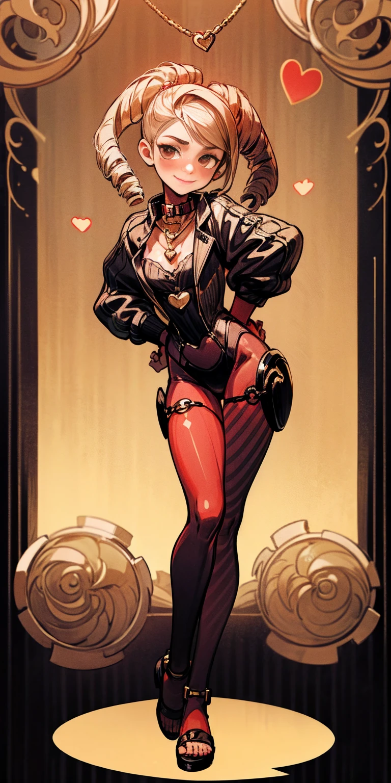 Attire:
Striped pantyhose
Golden handcuffs
Black leather collar (worn with gold heart necklace)
Cow bell choker
Metal sandals
Black thigh highs
Pose:
Full body standing straight, symmetrical
Looking at viewer
Hands on hips
Facial Expression:
Solo girl looking to the camera
Lustful smirking smile, face red blushed
Hairstyle:
Twin drills