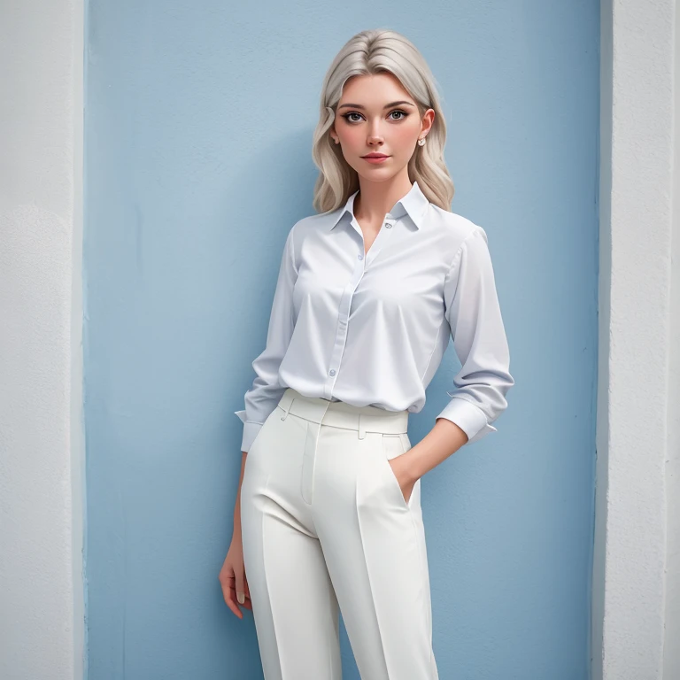 arafed woman in a white shirt and grey pants standing in front of a blue wall, kirsi salonen, magdalena andersson, wearing a blouse, magdalena radziej, wearing a white blouse, moleksandra shchaslyva, niele toroni, photo of džesika devic, serena malyon
