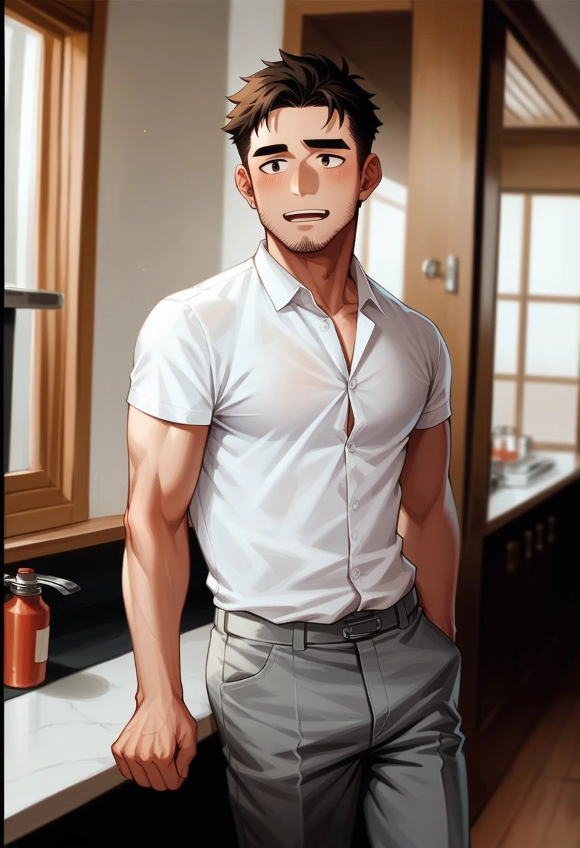 arafed man in a white shirt and grey pants standing in a kitchen, handsome and attractive, handsome male, wearing a white button up shirt, handsome and elegant, handsome man, wearing white shirt, wearing a white shirt, clothed in white shirt, wearing a shirt with a tie, maxim shirkov, attractive and good looking, white dress shirt