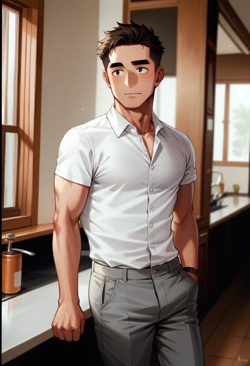 arafed man in a white shirt and grey pants standing in a kitchen, handsome and attractive, handsome male, wearing a white button up shirt, handsome and elegant, handsome man, wearing white shirt, wearing a white shirt, clothed in white shirt, wearing a shirt with a tie, maxim shirkov, attractive and good looking, white dress shirt