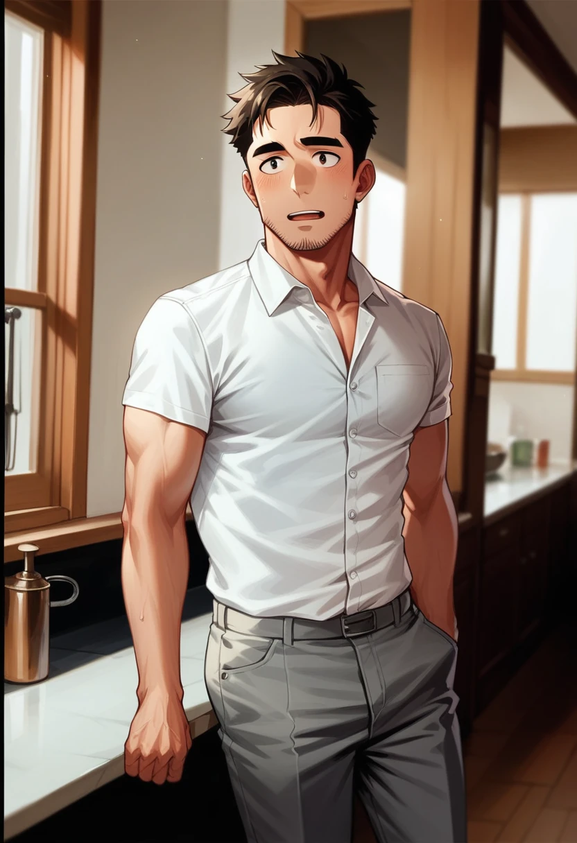 arafed man in a white shirt and grey pants standing in a kitchen, handsome and attractive, handsome male, wearing a white button up shirt, handsome and elegant, handsome man, wearing white shirt, wearing a white shirt, clothed in white shirt, wearing a shirt with a tie, maxim shirkov, attractive and good looking, white dress shirt