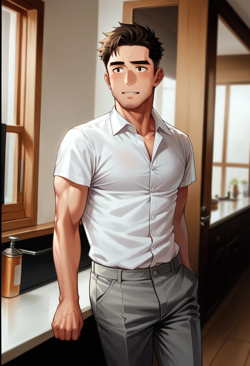 arafed man in a white shirt and grey pants standing in a kitchen, handsome and attractive, handsome male, wearing a white button up shirt, handsome and elegant, handsome man, wearing white shirt, wearing a white shirt, clothed in white shirt, wearing a shirt with a tie, maxim shirkov, attractive and good looking, white dress shirt