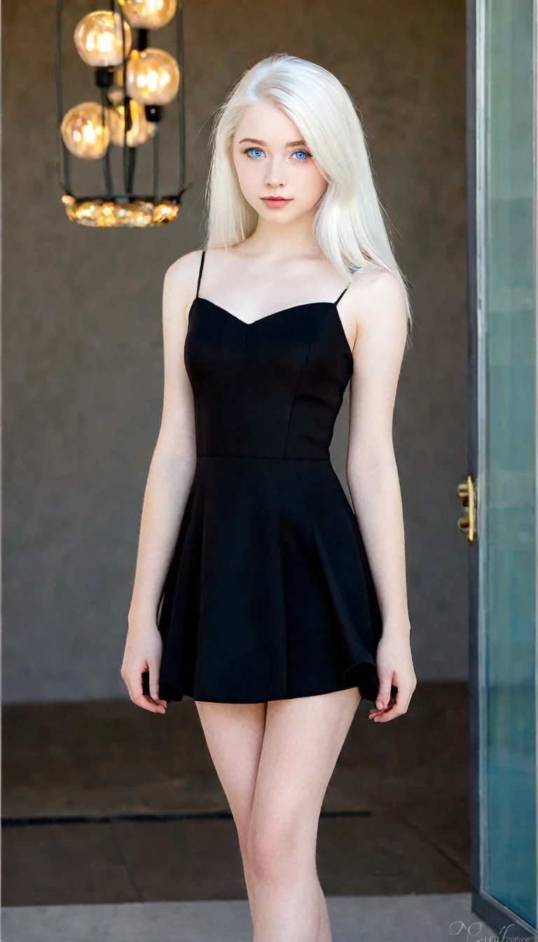 Very beautiful 15 year old girl, with white hair and white skin and blue eyes with a short black dress that shows her full body