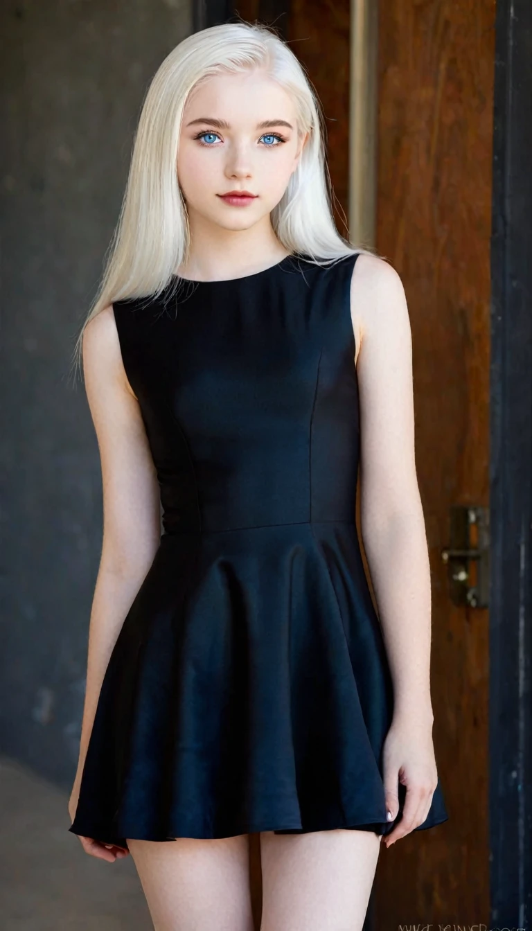 Very beautiful  girl, with white hair and white skin and blue eyes with a short black dress that shows her full body 