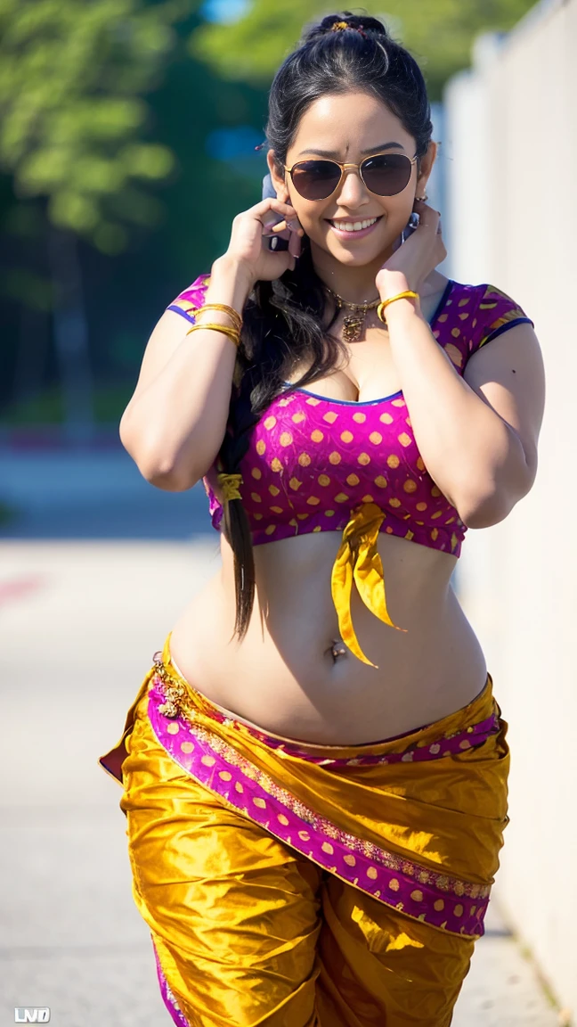 HD wallpaper 32k cinematic shoot of a Beautiful cute girl, with thick thighs and a curvy waist, twin braids,  wearing an Indian blouse top, horny, seductively, in a school corridor, dotted blouse top, smiling, ((long curvy waist)), ((lowwaist)), ((curvy waist)), ((sunglasses)), ((putting hands on her face)), ((putting hands on her face))