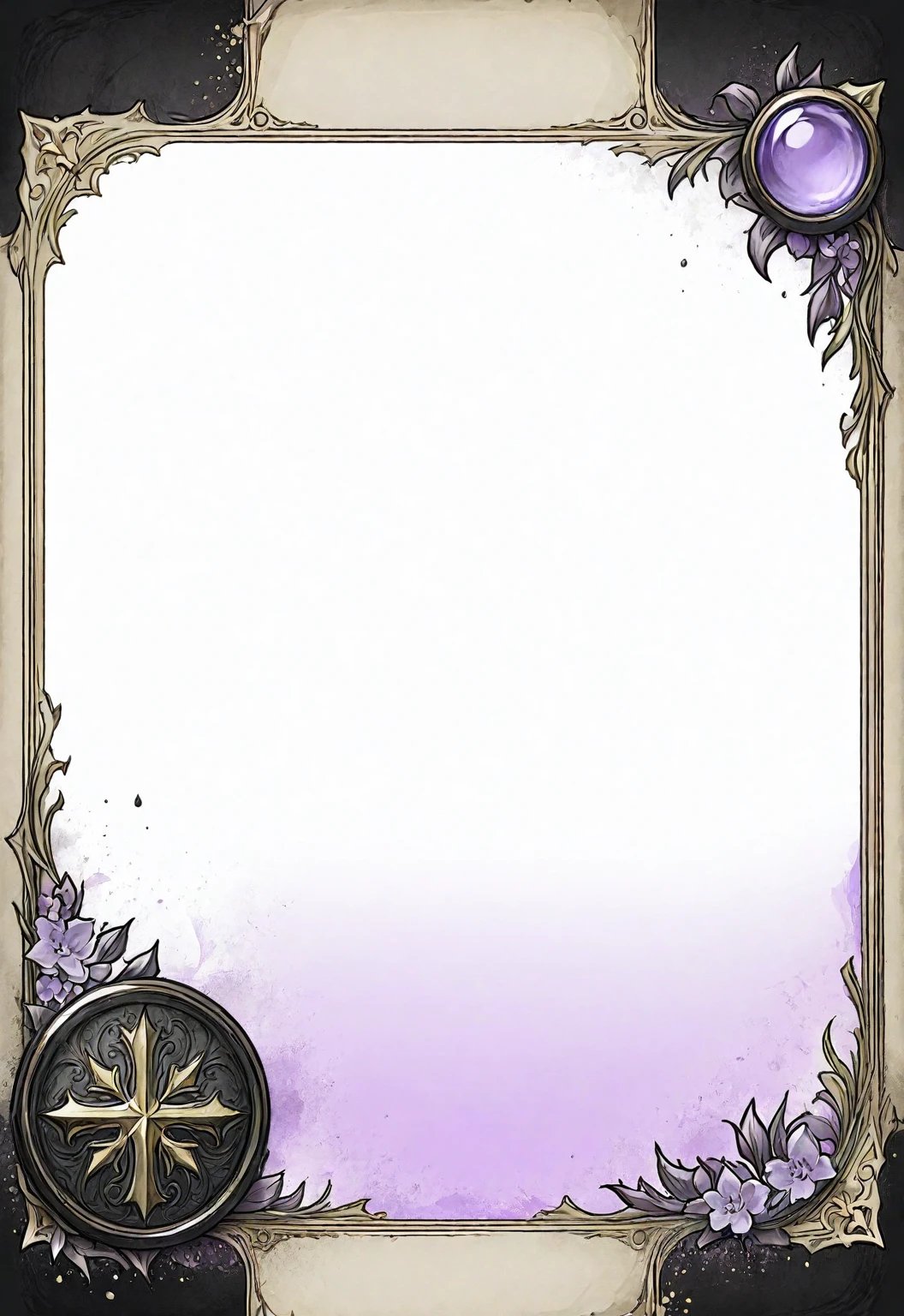 A card border UI，Medieval European fantasy style，Suspense style，Profile Style。Leave a square blank space in the middle，Parchment backing，There are blood stains on it。Black and White、yellowish、Lilac main color。