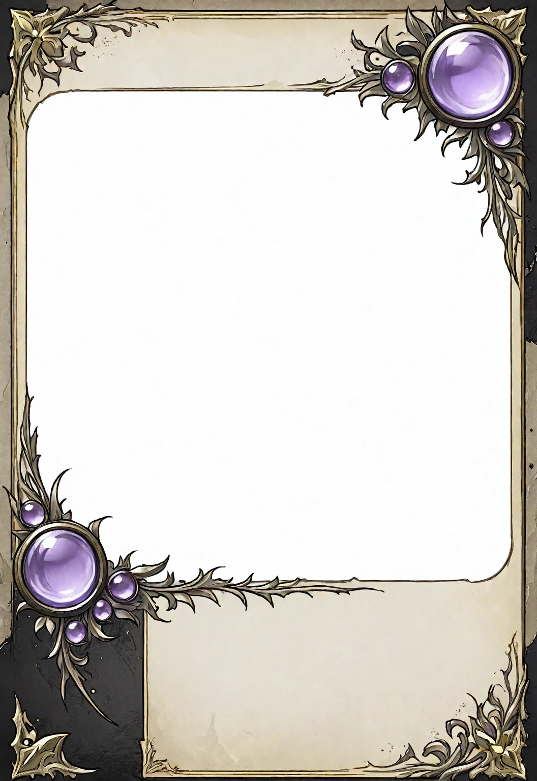 A card border UI，Medieval European fantasy style，Suspense style，Profile Style。Leave a square blank space in the middle，Parchment backing，There are blood stains on it。Black and White、yellowish、Lilac main color。