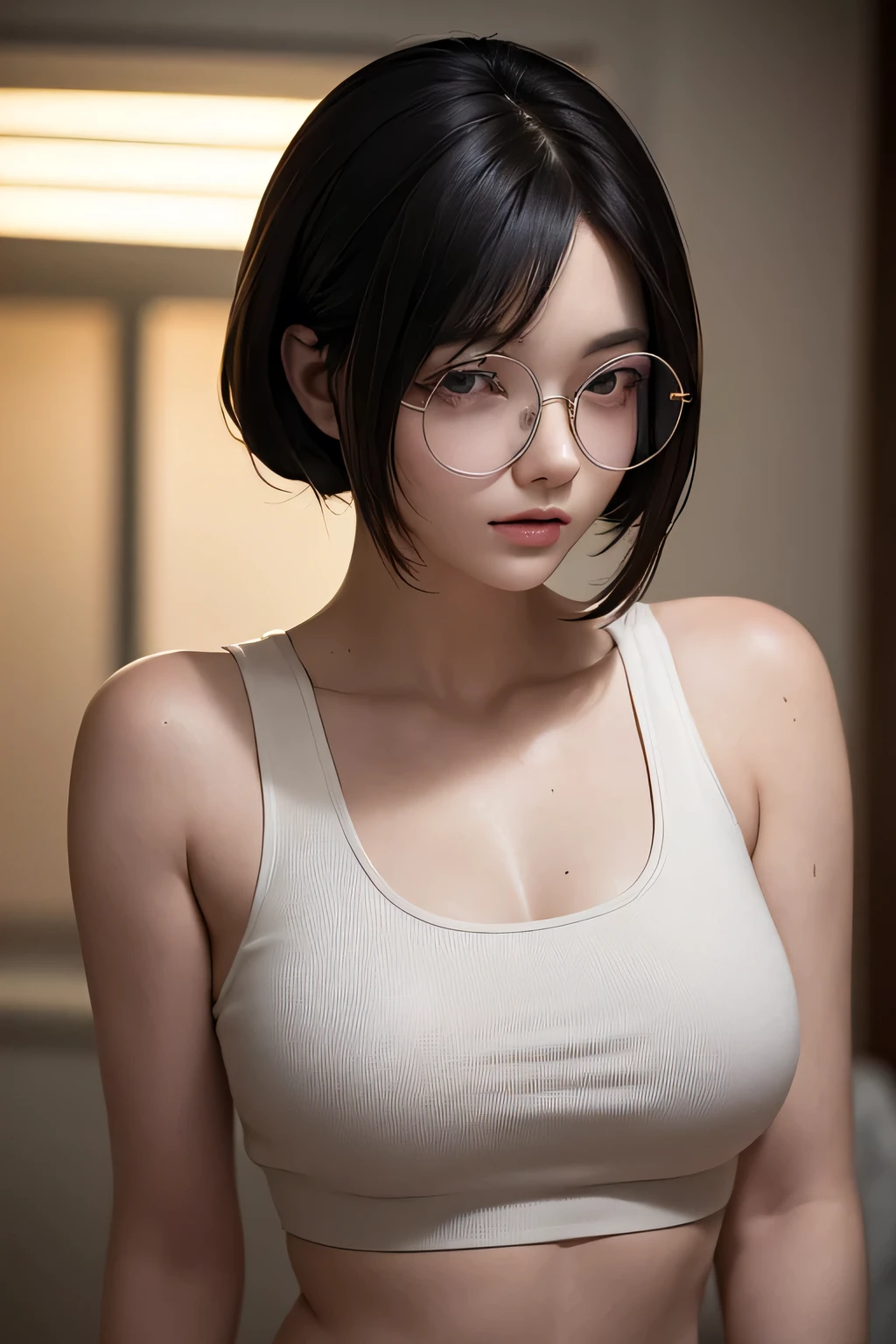 (RAW photo, best quality), (realistic, photo-realistic:1.2), 1girl, high quality, (high detailed skin:1.4), puffy eyes, glasses, gorgeous hair,  (dark room:1.3), (rim lighting:1.3), (dimly lit:1.3), (dark night:1.3), indoors, portrait, black hair, high pony tail, dark background, short hair,  midriff, half body