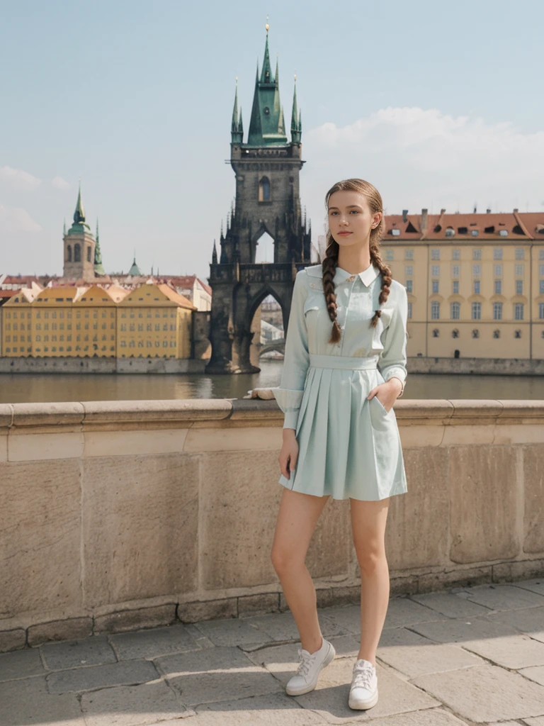 her name is Amelie, high quality, 1girl, ((20-year-old fit Caucasian woman)), ((20 years old)), ((fit)), ((Halo Braid)), pose: standing, wearing unique Generation-Z modern wear pastel colored, BACKGROUND: On the Charles Bridge, with its Gothic statues and views of the Vltava River and Prague Castle