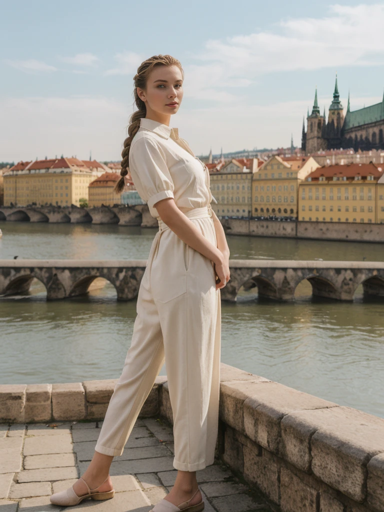her name is Amelie, high quality, 1girl, ((20-year-old fit Caucasian woman)), ((20 years old)), ((fit)), ((Halo Braid)), pose: standing, wearing unique Generation-Z modern wear pastel colored, BACKGROUND: On the Charles Bridge, with its Gothic statues and views of the Vltava River and Prague Castle