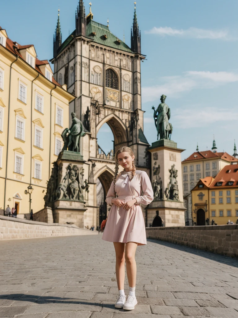 her name is Amelie, high quality, 1girl, ((20-year-old fit Caucasian woman)), ((20 years old)), ((fit)), ((Halo Braid)), pose: standing, wearing unique Generation-Z modern wear pastel colored, BACKGROUND: On the Charles Bridge, with its Gothic statues and views of the Vltava River and Prague Castle
