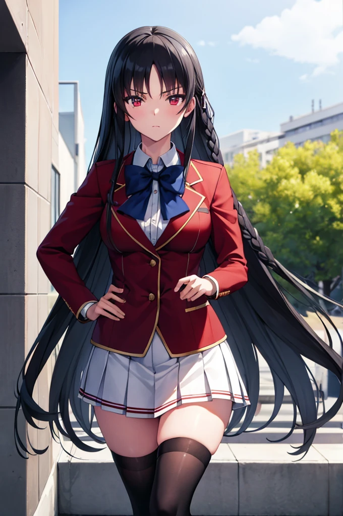(masterpiece:1.3), (best quality:1.1), (8k, ultra detailed, ultra high res:1.2), ((anime style)), perfect 5 fingers, perfect anatomy,
1girl,
Suzune Horikita,
BREAK long hair, braid,
black hair,
red eyes,
blue bow,
(medium breasts:0.9),
red jacket, long sleeves, white skirt, pleated skirt, (black thigh-high socks:1.1),
looking at viewer,
cowboy shot, standing, (hands on own hips1:1),
perfect light, outdoor, School building, sky,