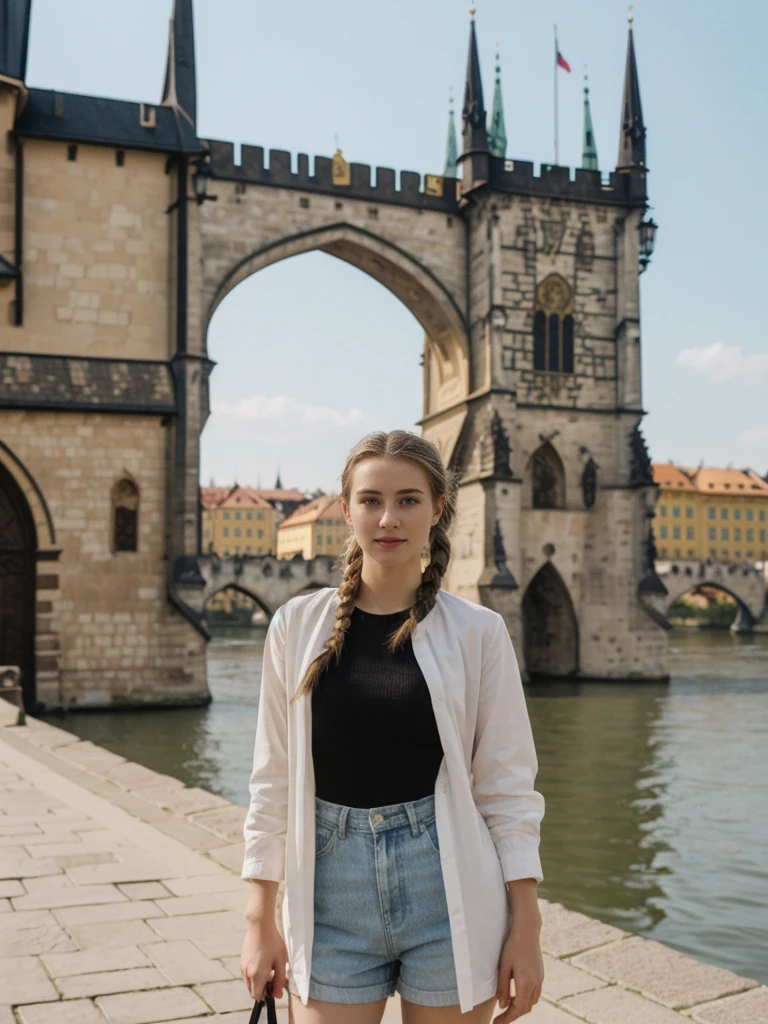 her name is Amelie, high quality, 1girl, ((20-year-old fit Caucasian woman)), ((20 years old)), ((fit)), ((Halo Braid)), pose: standing, wearing unique Generation-Z modern wear pastel colored, BACKGROUND: On the Charles Bridge, with its Gothic statues and views of the Vltava River and Prague Castle