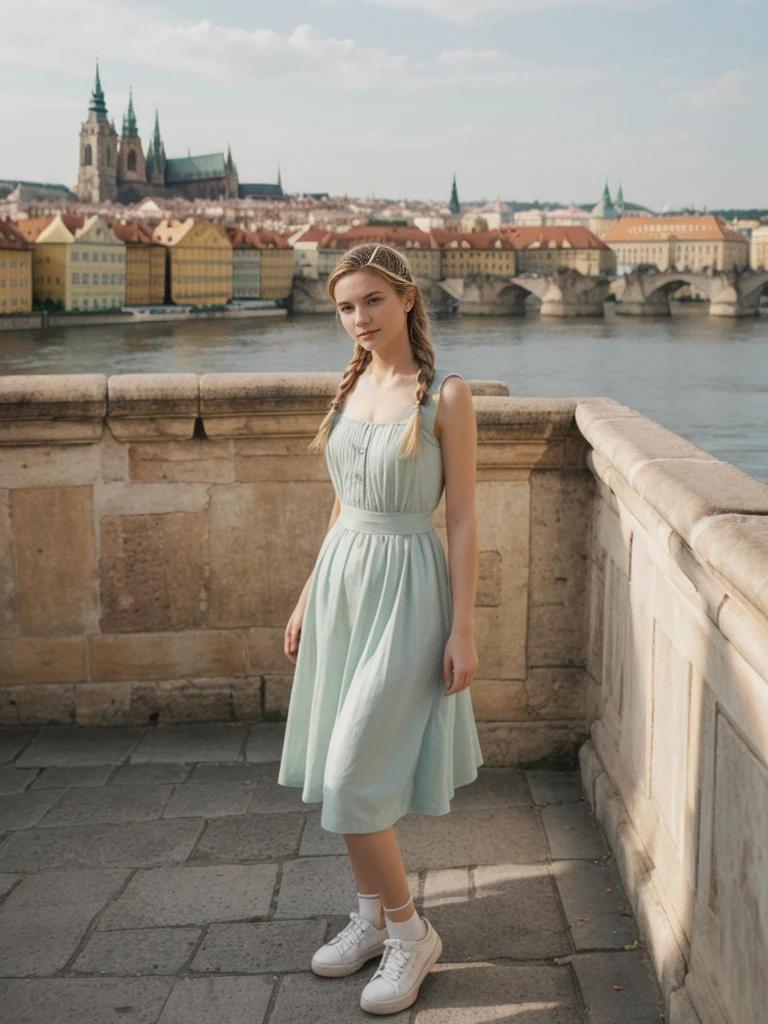 her name is Amelie, high quality, 1girl, ((20-year-old fit Caucasian woman)), ((20 years old)), ((fit)), ((Halo Braid)), pose: standing, wearing unique Generation-Z modern wear pastel colored, BACKGROUND: On the Charles Bridge, with its Gothic statues and views of the Vltava River and Prague Castle