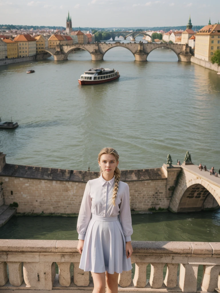 her name is Amelie, high quality, 1girl, ((20-year-old fit Caucasian woman)), ((20 years old)), ((fit)), ((Halo Braid)), pose: standing, wearing unique Generation-Z modern wear pastel colored, BACKGROUND: On the Charles Bridge, with its Gothic statues and views of the Vltava River and Prague Castle
