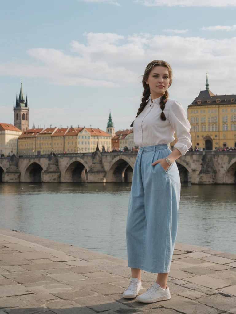 her name is Amelie, high quality, 1girl, ((20-year-old fit Caucasian woman)), ((20 years old)), ((fit)), ((Halo Braid)), pose: standing, wearing unique Generation-Z modern wear pastel colored, BACKGROUND: On the Charles Bridge, with its Gothic statues and views of the Vltava River and Prague Castle