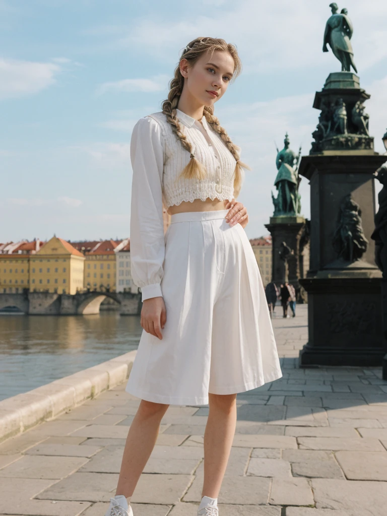 her name is Amelie, high quality, 1girl, ((20-year-old fit Caucasian woman)), ((20 years old)), ((fit)), ((Halo Braid)), pose: standing, wearing unique Generation-Z modern wear pastel colored, BACKGROUND: On the Charles Bridge, with its Gothic statues and views of the Vltava River and Prague Castle