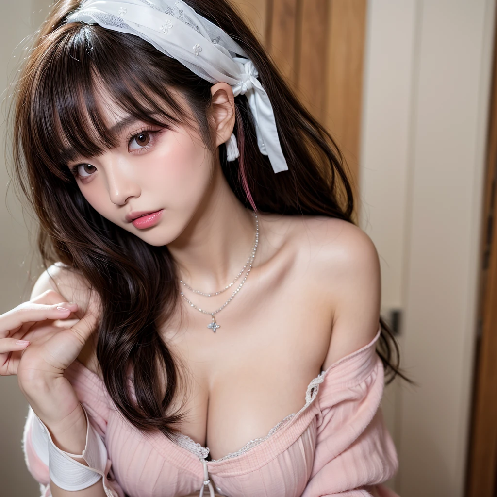 Canon RF85mm f/1.2,masterpiece,best quality,Ultra-high resolution,Venture Capital,1 girl,(Korean mixed,Korean Idol:1.2),Solitary,White_shining_skin,black eyes,necklace,((Brown_long_Wavy_hair)),((pink_shining_Lips)),eyelash,Bangs,Production,cosmetic,shining,Pores,skin texture,bracelet,Off-shoulder,transparent,Large Breasts