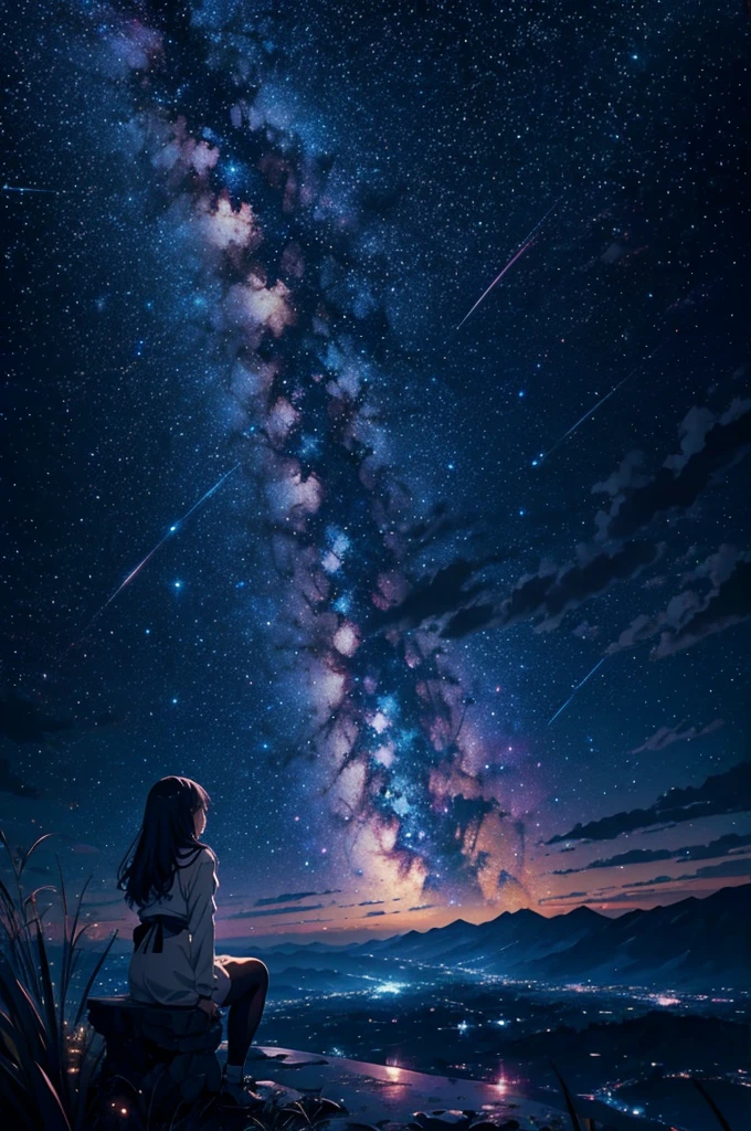 Anime Starry Sky,dark background,Anime girl sitting, Thoughtful and beautiful Looks at the Stars,Mystical,Beautiful landscape,Breathtaking,About the beat Feels in the image,The scale of the painting is fascinating, 4k Wallpaper Images.