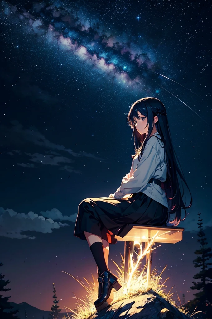 Anime Starry Sky,dark background,Anime girl sitting, Thoughtful and beautiful Looks at the Stars,Mystical,Beautiful landscape,Breathtaking,About the beat Feels in the image,The scale of the painting is fascinating, 4k Wallpaper Images.