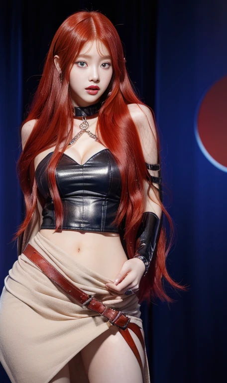 a close up of a woman With red hair wearing a leather outfit blue eyes, with long red hair, waist-length red hair, young beautiful amaranth, erza scarlet as a real person, amaranth, With red hair, she has long orange hair, redhead goddess, Jennie , Wonyoung , hwasa, beautiful, Beautiful young Korean woman, jaeyeon nam, ulzzang, heonhwa choe, beautiful mujer surcoreana, a girl with red hair, Long red hair and big eyes, Long red hair and big eyes, roseanne park by blackpink, kim taejin