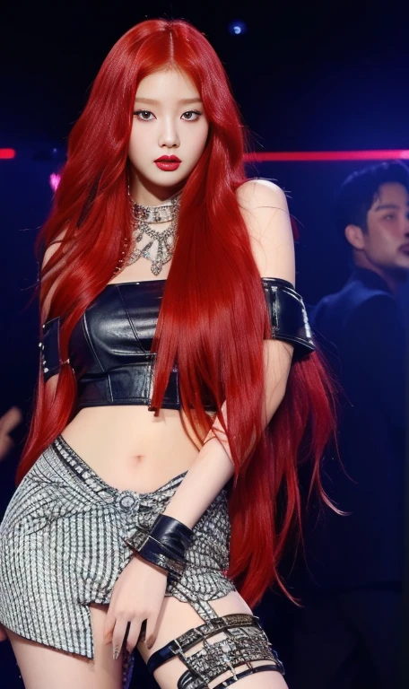 a close up of a woman With red hair wearing a leather outfit blue eyes, with long red hair, waist-length red hair, young beautiful amaranth, erza scarlet as a real person, amaranth, With red hair, she has long orange hair, redhead goddess, Jennie , Wonyoung , hwasa, beautiful, Beautiful young Korean woman, jaeyeon nam, ulzzang, heonhwa choe, beautiful mujer surcoreana, a girl with red hair, Long red hair and big eyes, Long red hair and big eyes, roseanne park by blackpink, kim taejin