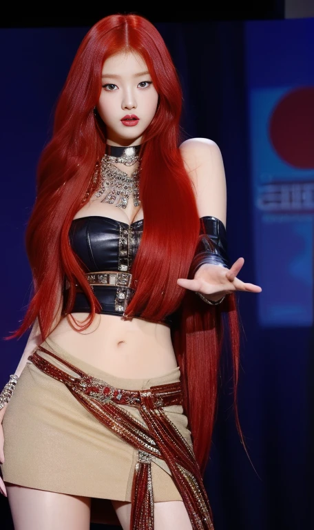 a close up of a woman With red hair wearing a leather outfit blue eyes, with long red hair, waist-length red hair, young beautiful amaranth, erza scarlet as a real person, amaranth, With red hair, she has long orange hair, redhead goddess, Jennie , Wonyoung , hwasa, beautiful, Beautiful young Korean woman, jaeyeon nam, ulzzang, heonhwa choe, beautiful mujer surcoreana, a girl with red hair, Long red hair and big eyes, Long red hair and big eyes, roseanne park by blackpink, kim taejin