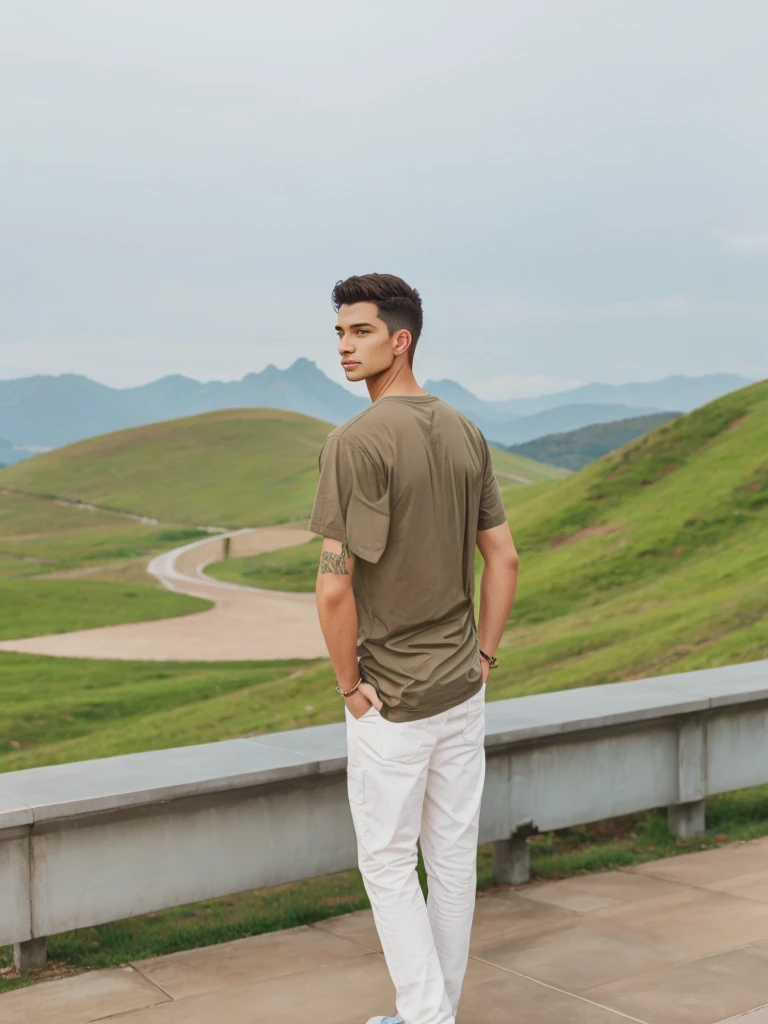 Un homme twink de 19 ans d'1m74 assez fin aux cheveux roses. Il porte un t-shirt blanc très ample et se balade dans les champs. Il regarde vers l'horizon.