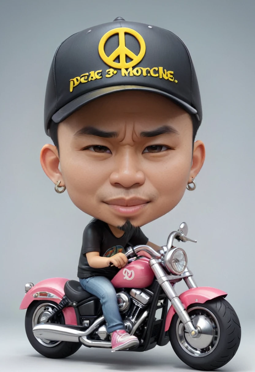 a close up of a person on a motorcycle with a peace sign on it, chibi, biker, motorbiker, in cartoon style, hog rider, big head, inspired by Rudy Siswanto, photo 3d, photo 3 d, toony, 3d portrait, 3 d artist, duke 3 d, (((luke chueh))), inspired by Eddie Mendoza