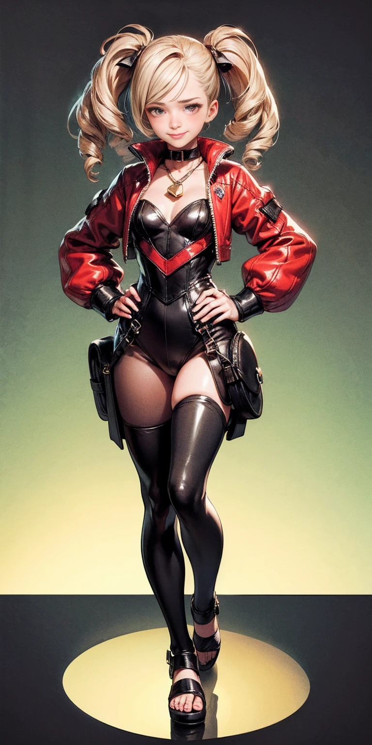 Harley Quinn stands standing in a short skirt, big ass in a thong, heels. Лицо Margot Robbie