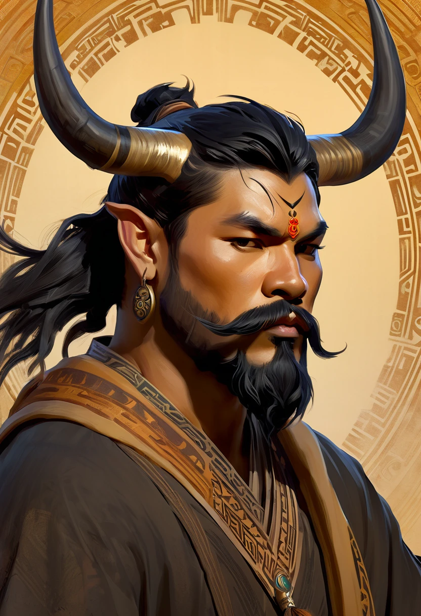 Half man half asian black bull, tribal, caramel short hair, beard,, concept art, D&D, matte painting, in the style of Greg Rutkowski and Alphonse Mucha and artemisia, 8k, highly detailed, jurgens, rutkowski, bouguereau, pastoral, rustic, georgic