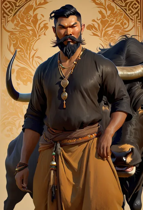 half man half asian black bull, tribal, caramel short hair, beard,, concept art, d&d, matte painting, in the style of greg rutko...