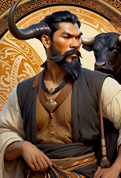 half man half asian black bull, tribal, caramel short hair, beard,, concept art, d&d, matte painting, in the style of greg rutko...