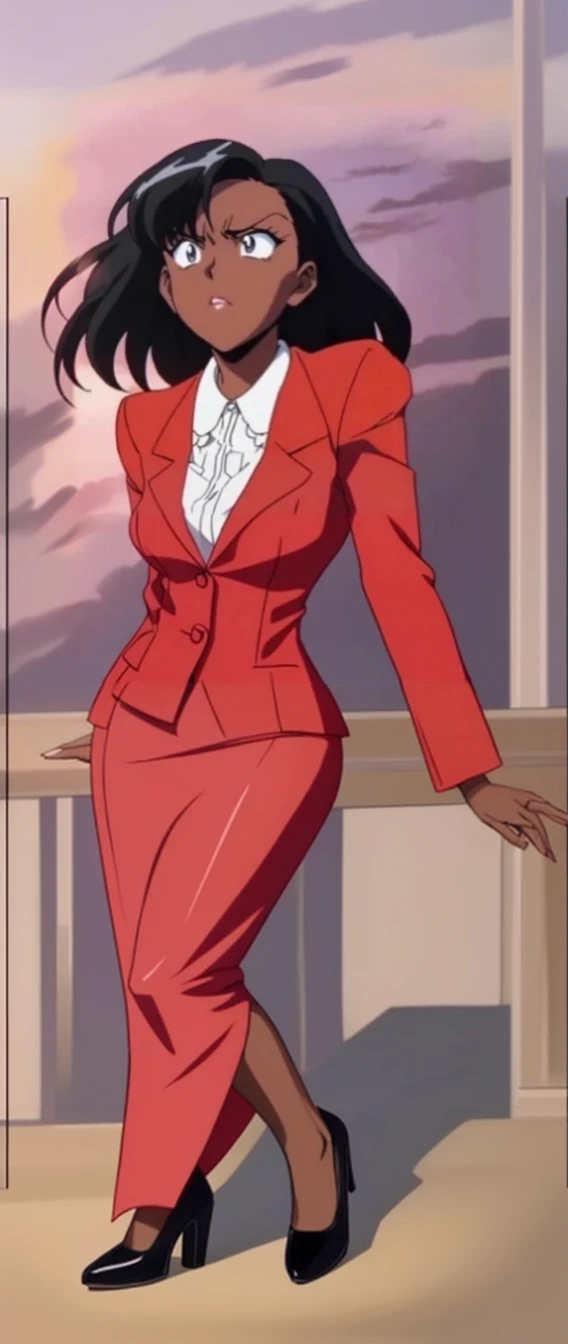 EVIL BLACK BUSINESS WOMAN WEARING A BLOUSE WITH A RED SKIRT SUIT 90s ANIME ARTSTYLE WITH RED HEELS FULL BODY WEARING A KNEE LONG RED SKIRT 