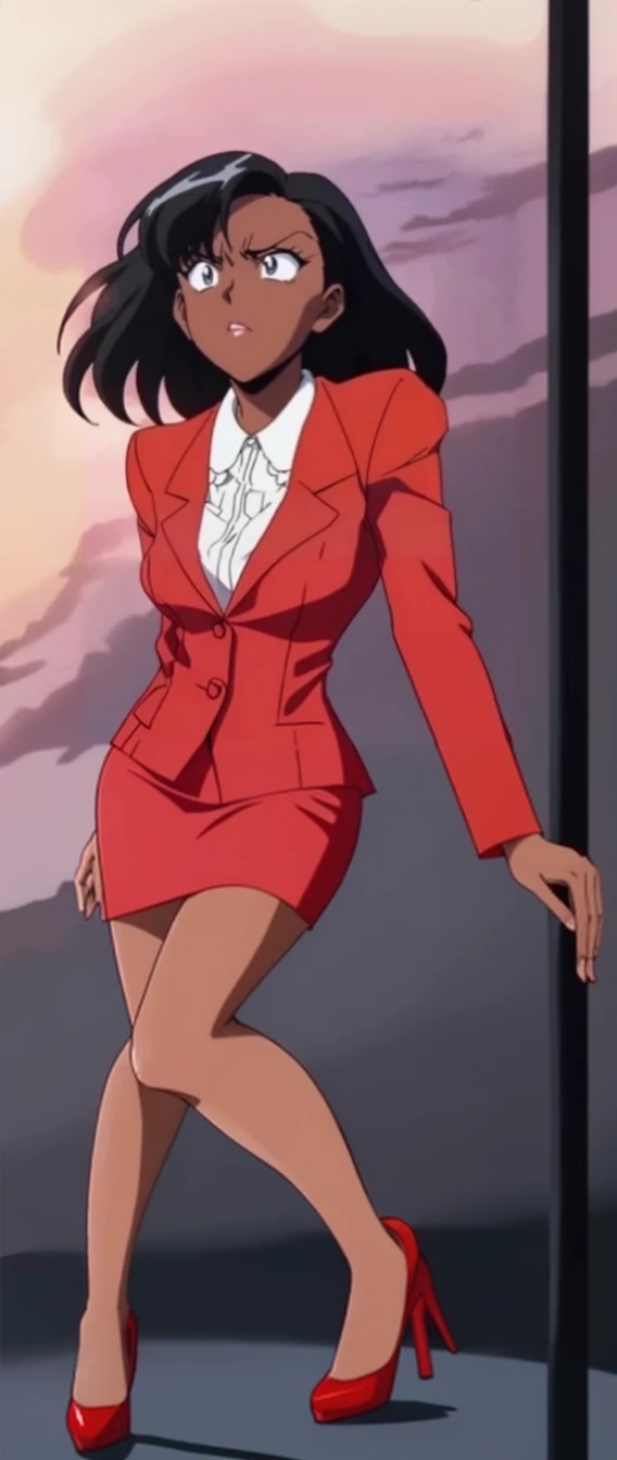 EVIL BLACK BUSINESS WOMAN WEARING A BLOUSE WITH A RED SKIRT SUIT 90s ANIME ARTSTYLE WITH RED HEELS FULL BODY WEARING A KNEE LONG RED SKIRT 