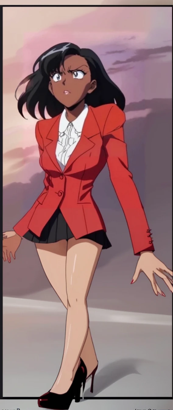 EVIL BLACK BUSINESS WOMAN WEARING A BLOUSE WITH A RED SKIRT SUIT 90s ANIME ARTSTYLE WITH RED HEELS FULL BODY WEARING A KNEE LONG RED SKIRT 