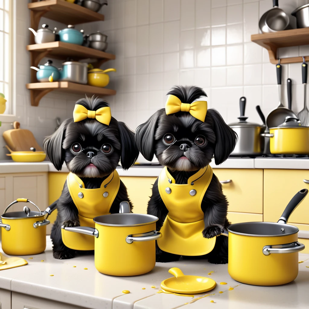 2 Adorable small black Shih Tzu puppies wearing yellow collars and aprons using pots and pans making a mess in Disney kitchen 3d cartoon, 3d render, disney pixar style
