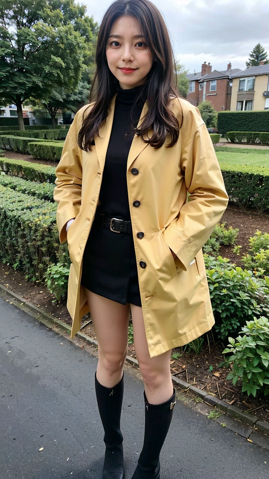 (8K、RAW Photos、Highest quality、masterpiece:1.2)、(Realistic、Realistic)、1 Girl、((Check mini skirt、Long coat、Medium Hair、black、Thin legs、whole body、boots、blackいコート、one piece、tights、garden、View from the front、Looking into the camera、belt、Stand with hands on hips))、cute