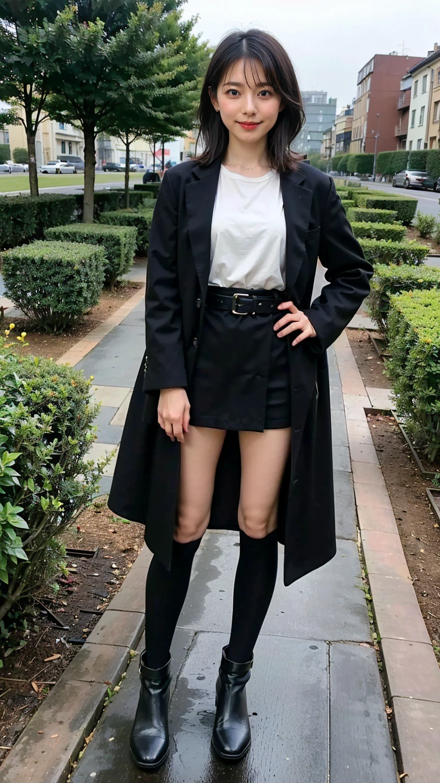 (8K、RAW Photos、Highest quality、masterpiece:1.2)、(Realistic、Realistic)、1 Girl、((Check mini skirt、Long coat、Medium Hair、black、Thin legs、whole body、boots、blackいコート、one piece、tights、garden、View from the front、Looking into the camera、belt、Stand with hands on hips))、cute