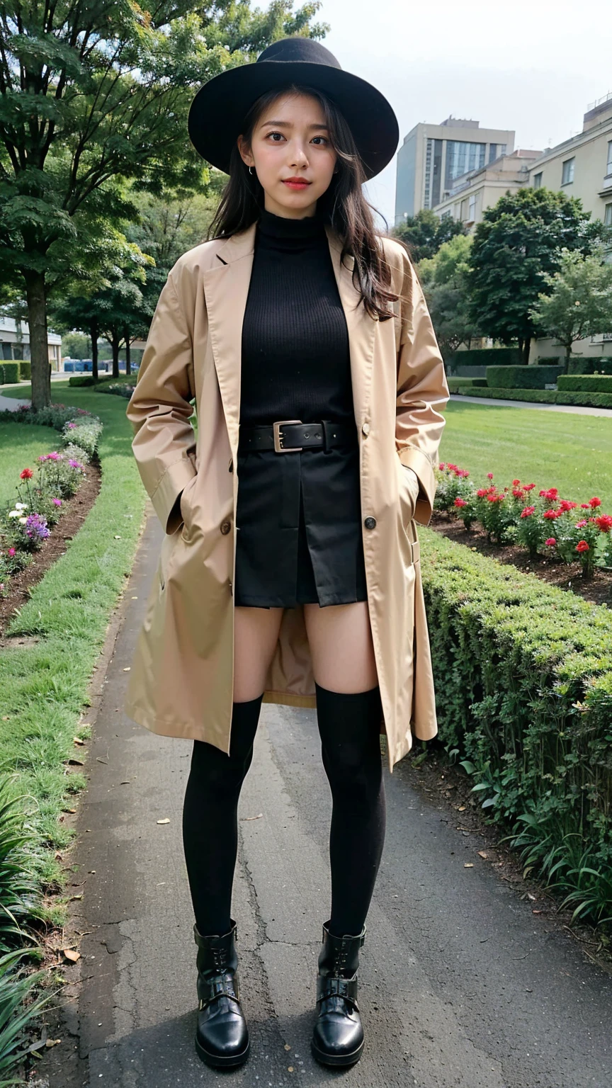 (8K、RAW Photos、Highest quality、masterpiece:1.2)、(Realistic、Realistic)、1 Girl、((Check mini skirt、Long coat、Medium Hair、black、Thin legs、whole body、boots、blackいコート、one piece、tights、garden、View from the front、Looking into the camera、belt、Stand with hands on hips))、cute