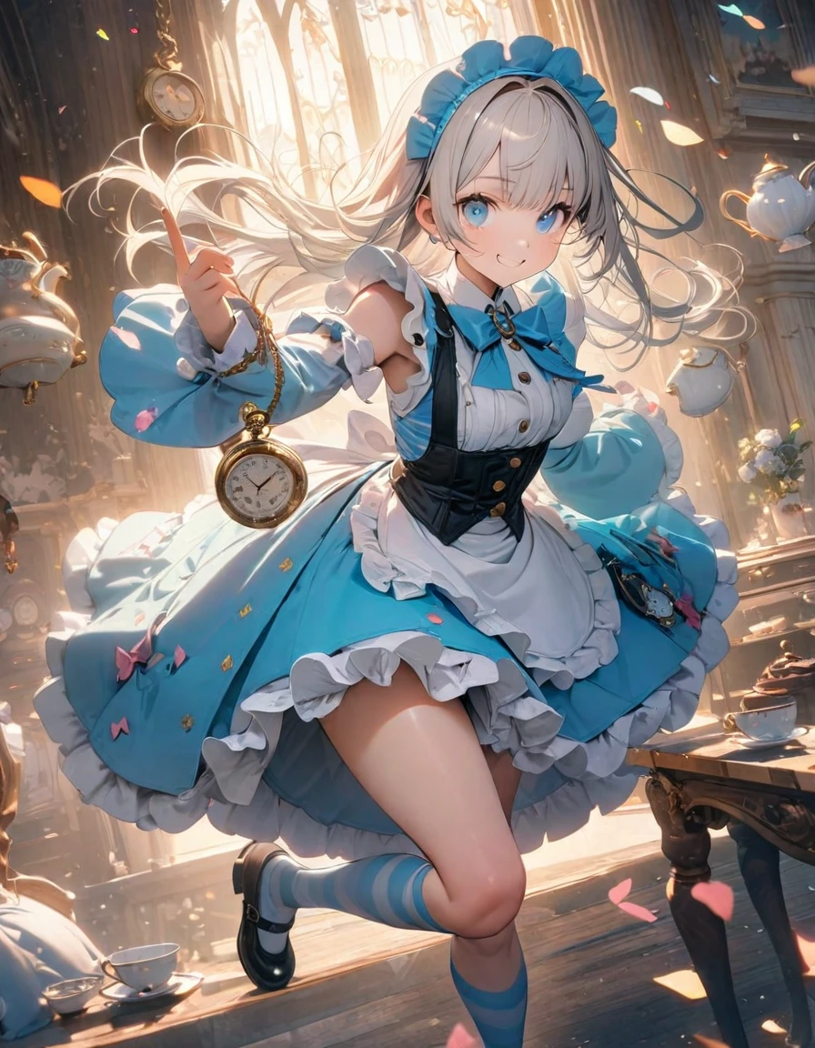 (8K, best quality, master piece: 1.2), super high resolution, ultra-detailed face, detailed eyes, blue eyes, cream hair, long hair, Aqua Lolita fashion, white frilled apron, smile, (black facinator ribbon decoration), Alice costume,striped pattern over-kneehighs,mary janes, teacup and teapot and Pocket watch are floating in the air,Alice is flying and dynamic pose,rim light, cute,one rabbit is flying, Look at viewer