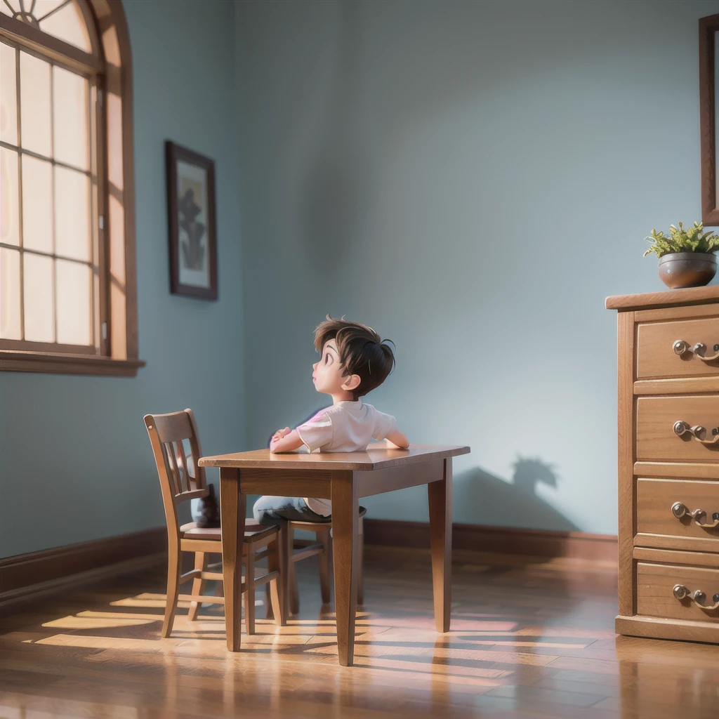 A boy sitting in a table in a gradient background seen from his back