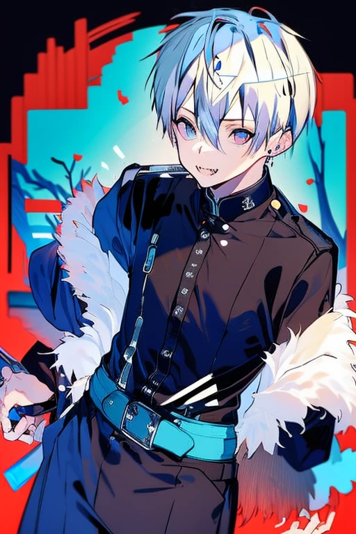 A cute guy ((1 boy )), short blonde hair, fluffy hair, fox eyes, vampire, abandoned forest , tall, red eyes , fangs, black cloak